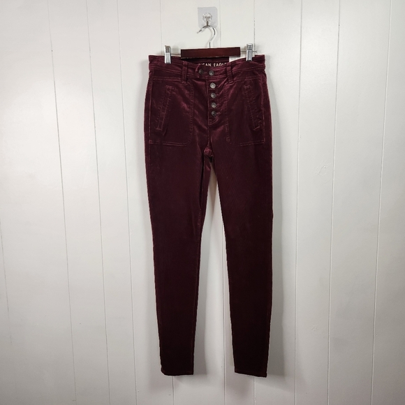 American Eagle Burgundy Corduroy Skinny Jeans Jeggings Pants Button Fly size 2 - Picture 2 of 12